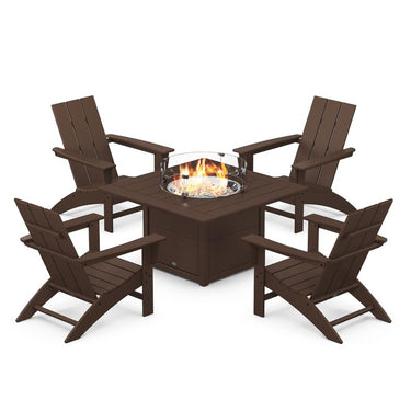 POLYWOOD Modern 5-Piece Adirondack Chair Conversation Set w/ Fire Pit Table - Mahogany